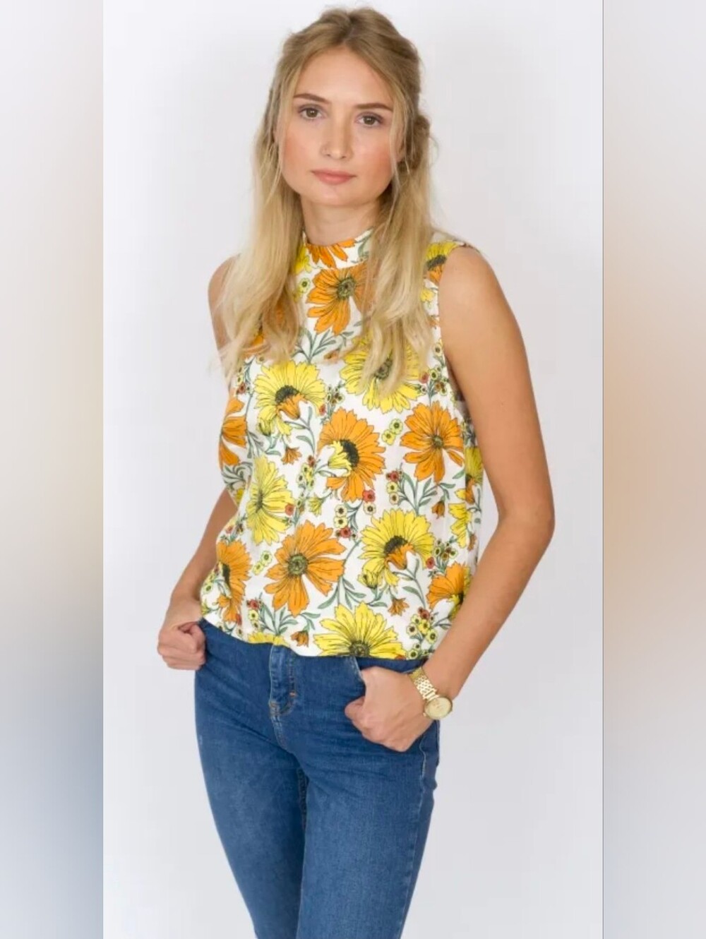 Topshop Yellow and Orange Floral Sleeveless Blouse